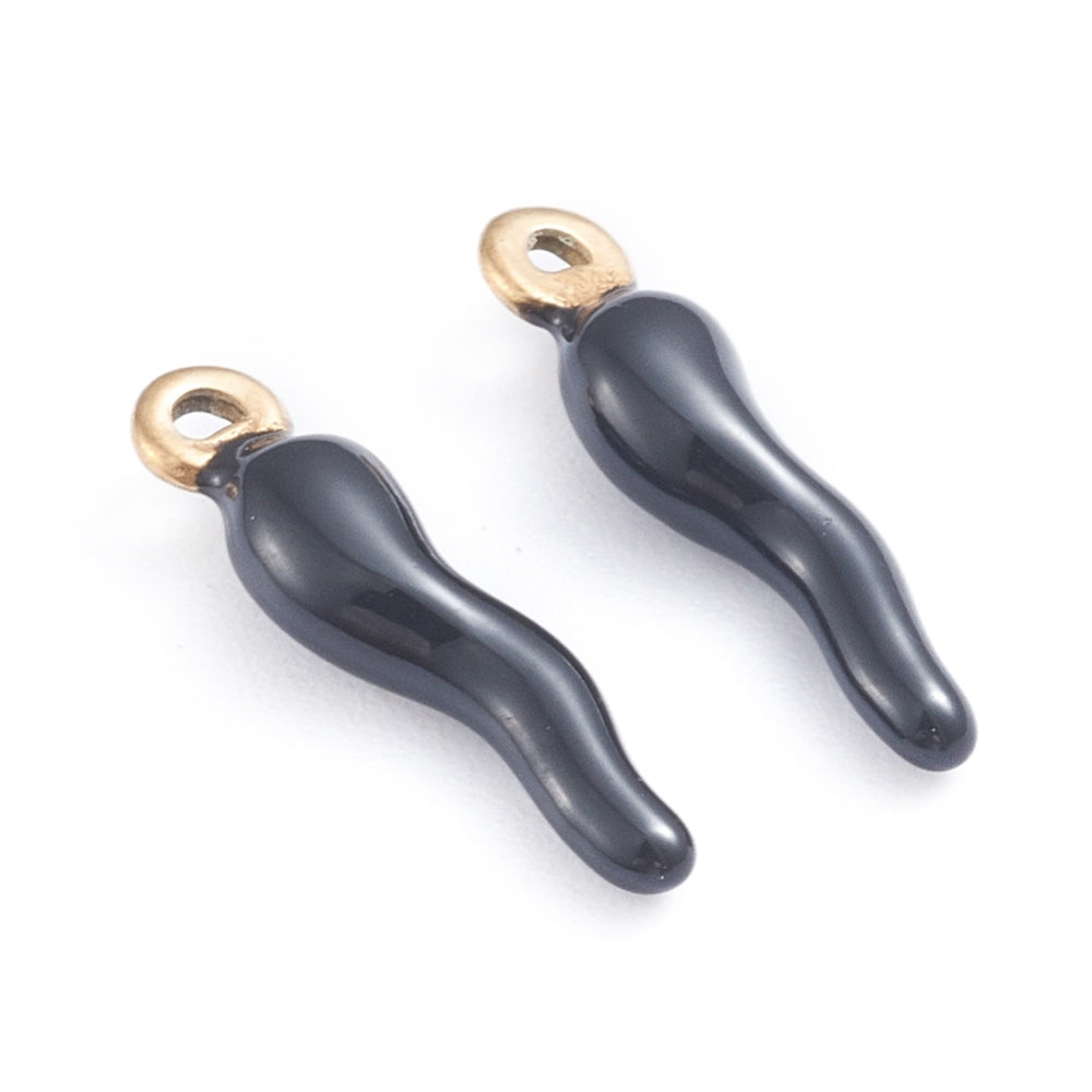 achat Breloque corne italienne en émail noir sur acier inoxydable 304 plaqué or