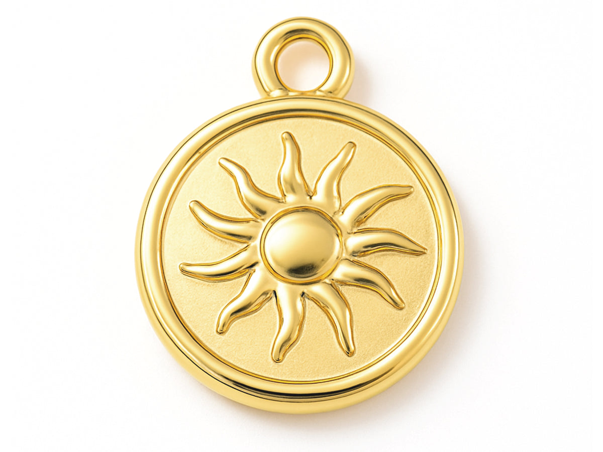 Achat Pendentif rond avec soleil en acier inoxydable 304 doré à l’or fin 18 K