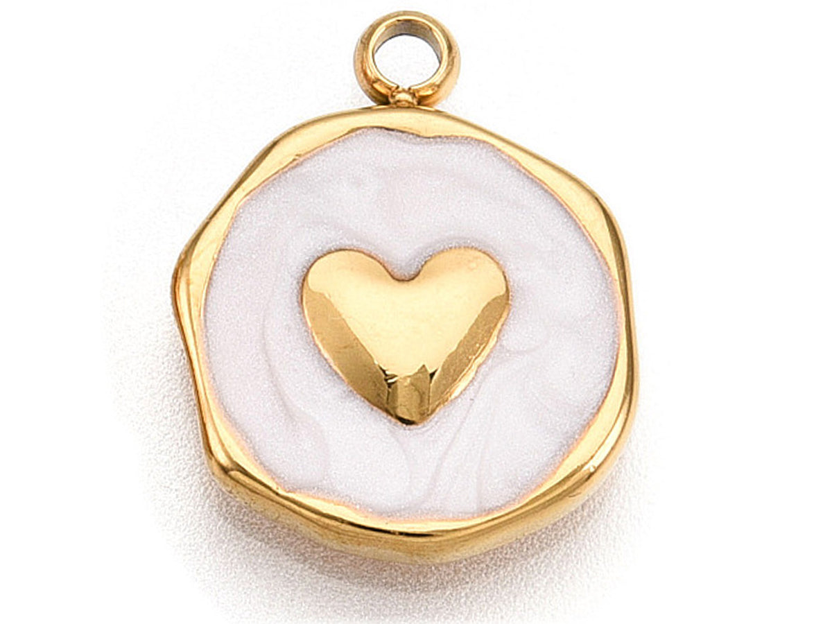 achat Pendentif cœur émaillé blanc en acier inoxydable 304 plaqué or 18 K