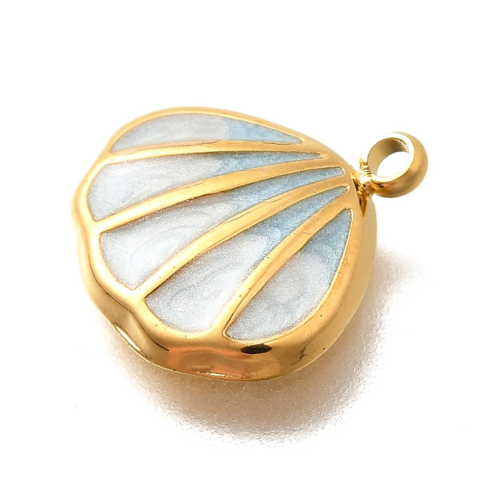 Achat Breloque coquillage émaillé bleu clair en acier inoxydable 304 doré à l’or fin 18 K