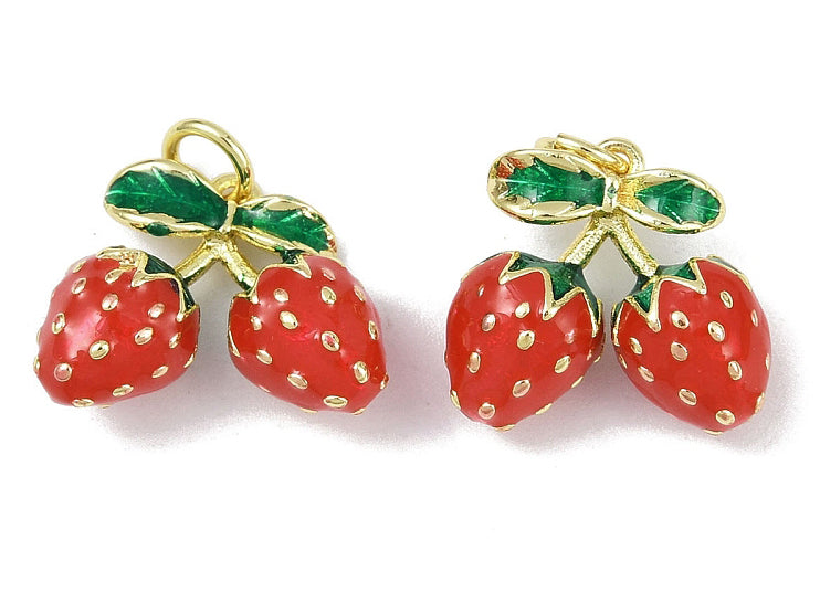 Achat Breloque fraise émaillée en laiton doré à l’or fin