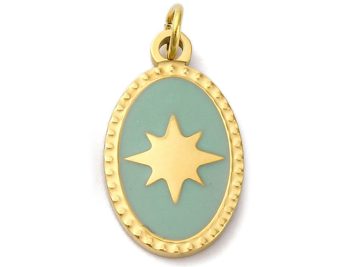 Achat Breloque ovale vert océan avec étoile - doré or fin 18K