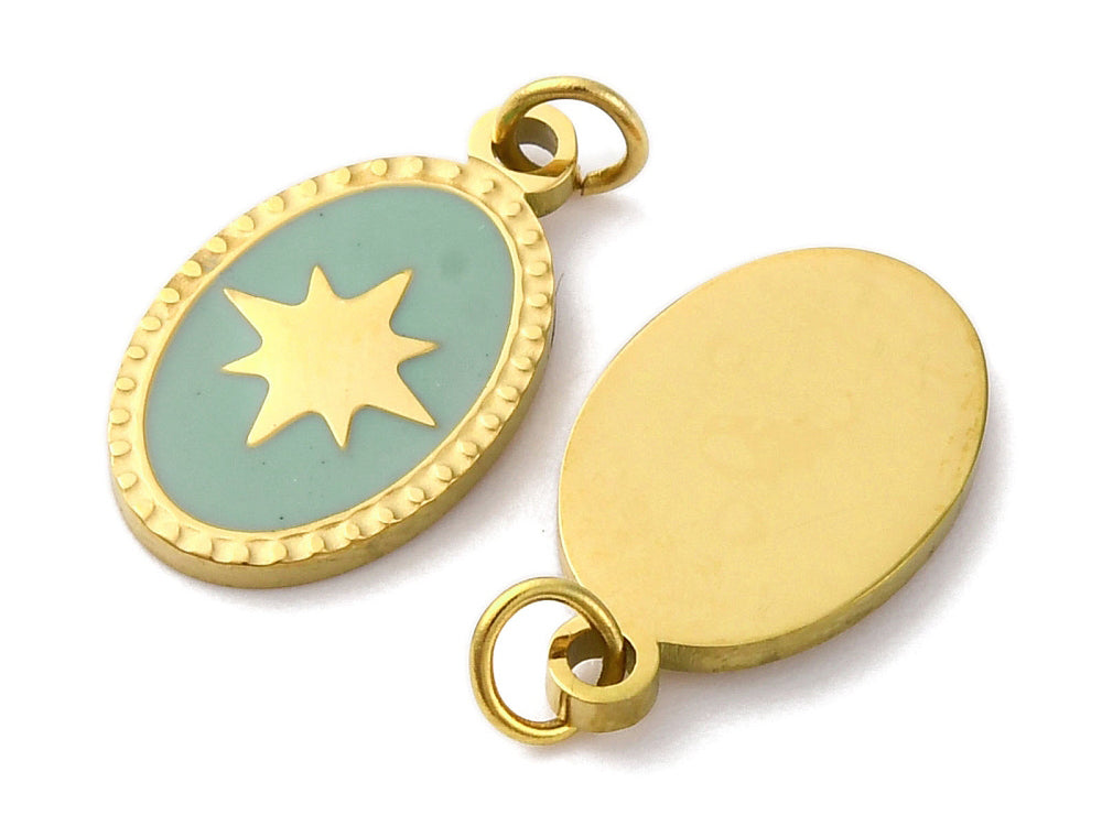Achat Breloque ovale vert océan avec étoile - doré or fin 18K