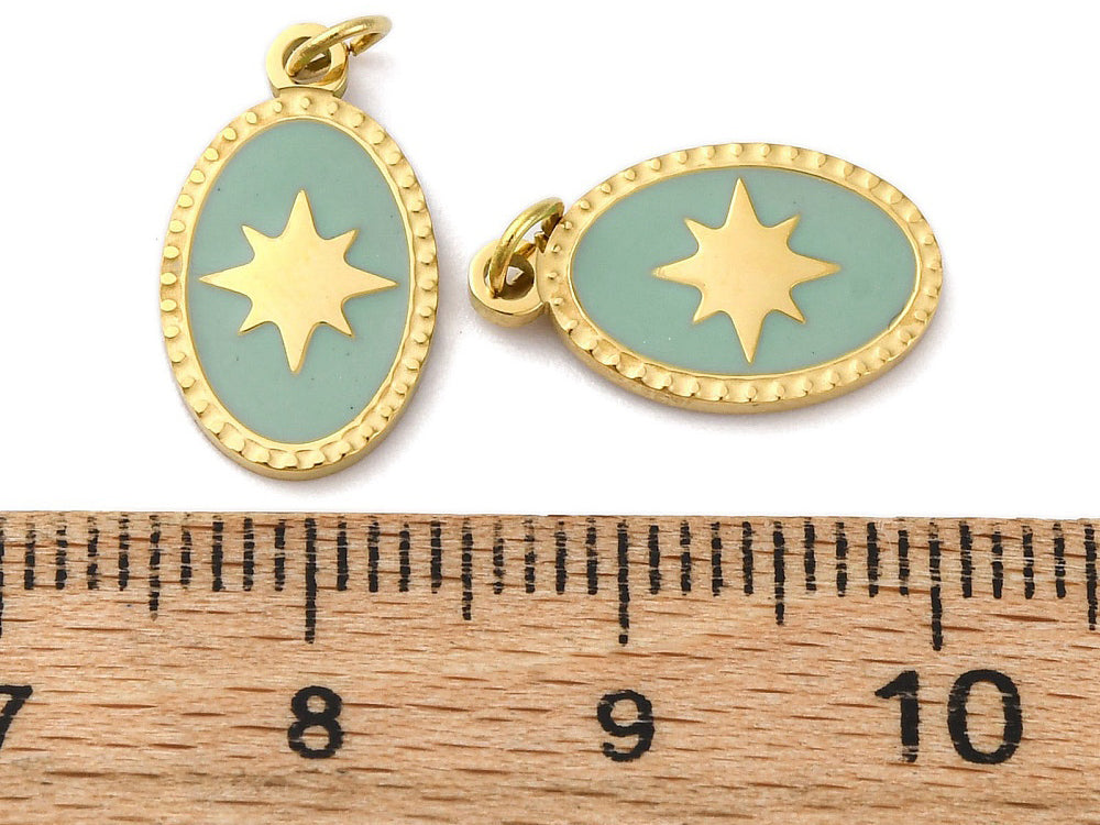 achat Breloque ovale vert océan avec étoile - doré or fin 18K