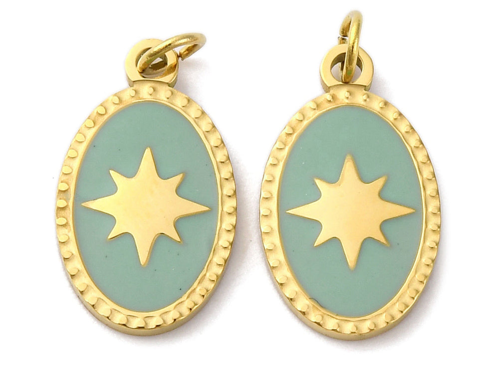 achat Breloque ovale vert océan avec étoile - doré or fin 18K