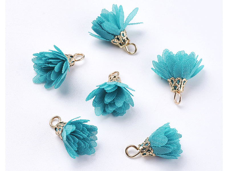 Achat Pendentif fleur pompon en organza - bleu canard