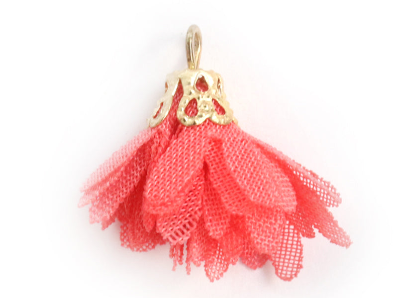 Achat Pendentif fleur pompon en organza - rose corail