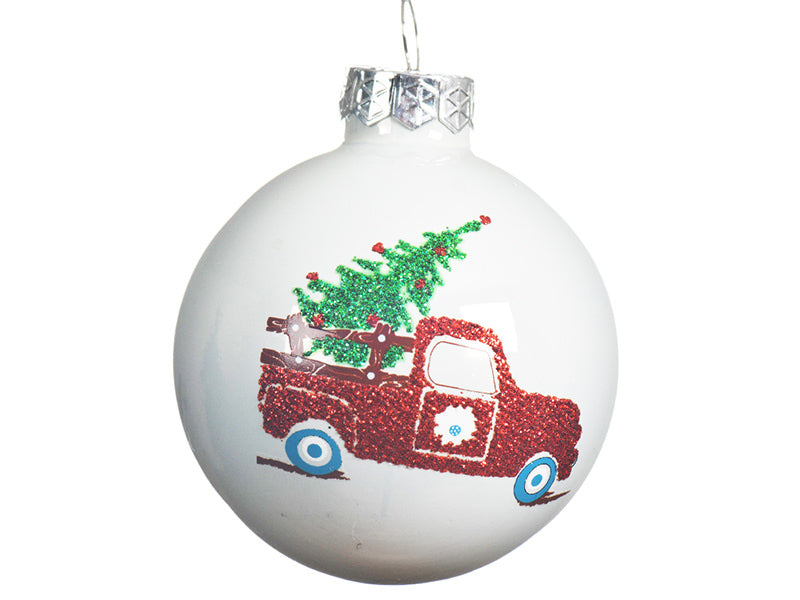Achat Boule de Noël en verre blanc - voiture et sapin - 6 cm