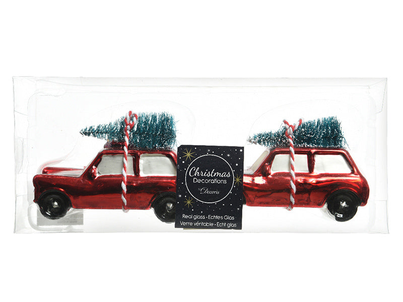 Achat Lot de 2 suspensions de Noël en verre - Voiture transportant un sapin