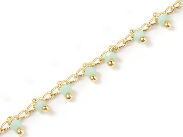 Achat Chaine perles facettes - vert d'eau - doré à l'or fin 18K x 20 cm