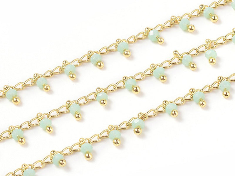 Achat Chaine perles facettes - vert d'eau - doré à l'or fin 18K x 20 cm