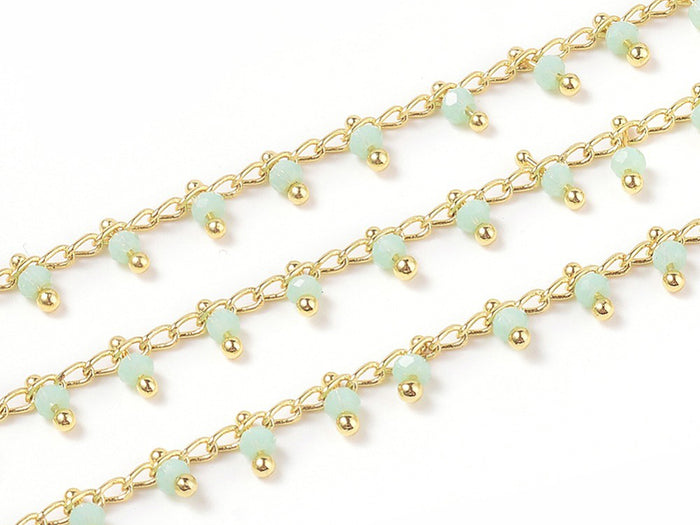 Achat Chaine perles facettes - vert d'eau - doré à l'or fin 18K x 20 cm