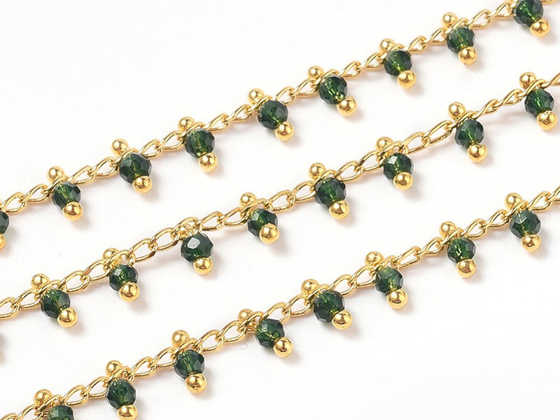 Achat Chaine perles facettes - vert foncé - doré à l'or fin 18K x 20 cm