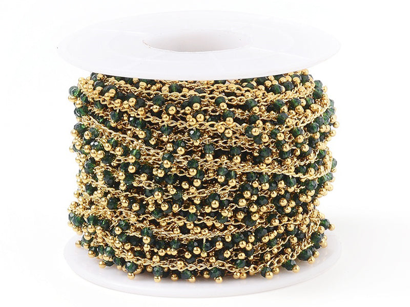 achat Chaine perles facettes - vert foncé - doré à l'or fin 18K x 20 cm