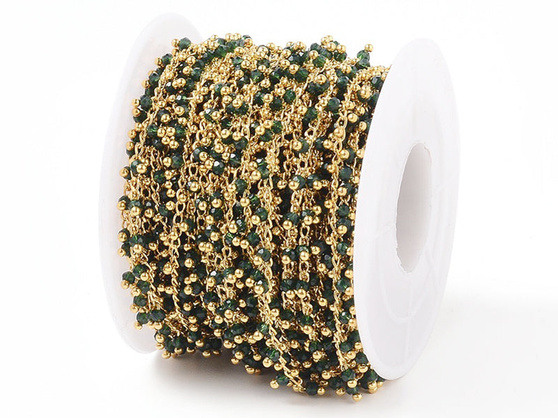 achat Chaine perles facettes - vert foncé - doré à l'or fin 18K x 20 cm