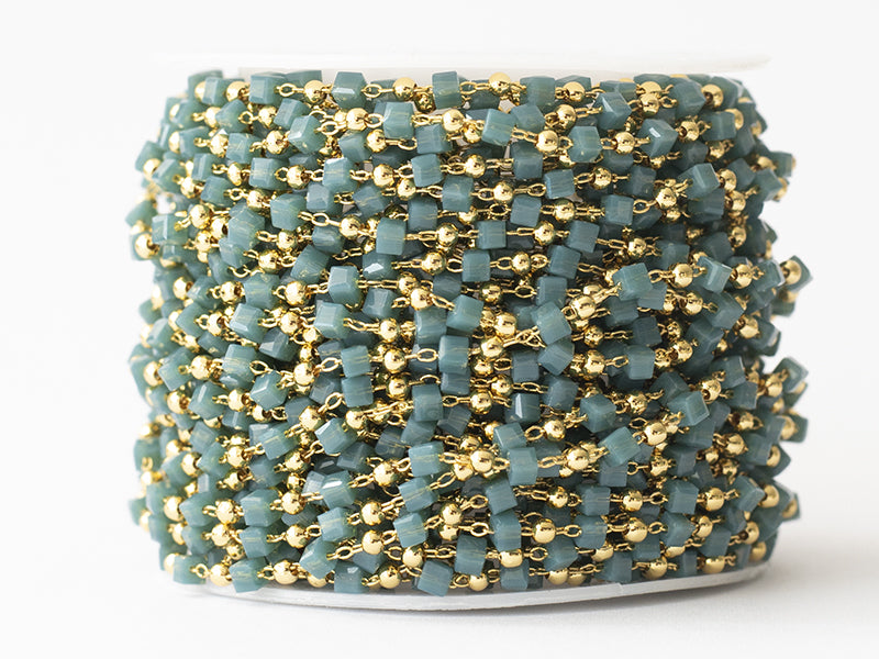 Achat Chaîne perles carrées - bleu pétrole - doré à l'or fin 18K x 20 cm