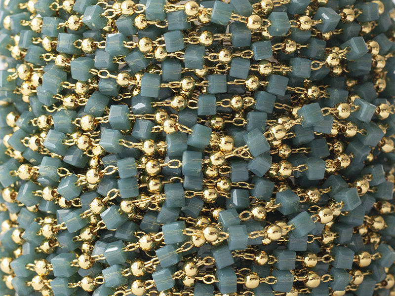 achat Chaîne perles carrées - bleu pétrole - doré à l'or fin 18K x 20 cm