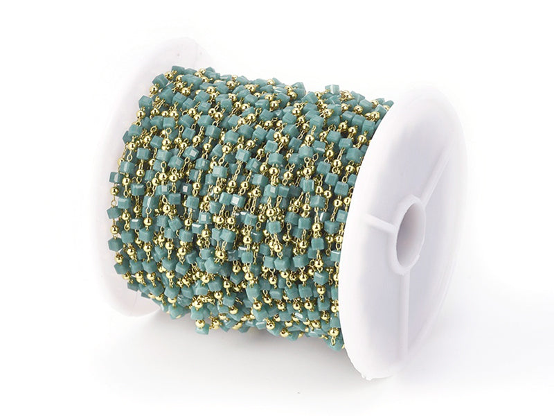 achat Chaîne perles carrées - bleu pétrole - doré à l'or fin 18K x 20 cm