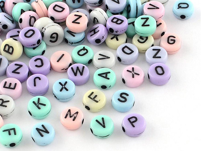 Achat 200 perles rondes en plastique - lettres alphabet - couleurs pastel