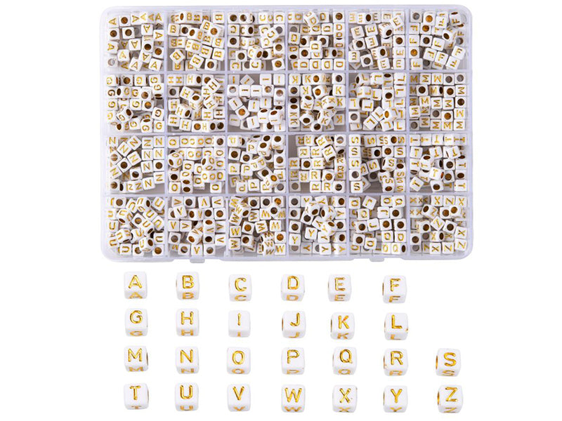Achat Boite de 934 perles carrées en plastique  - lettres alphabet - dorées et blanches