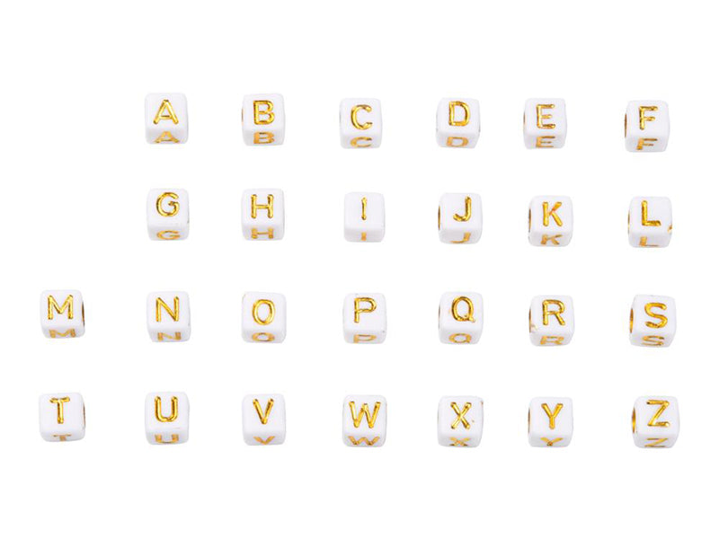 achat Boite de 934 perles carrées en plastique  - lettres alphabet - dorées et blanches