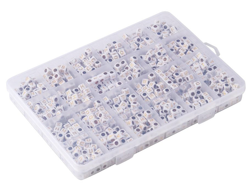 achat Boite de 934 perles carrées en plastique  - lettres alphabet - dorées et blanches
