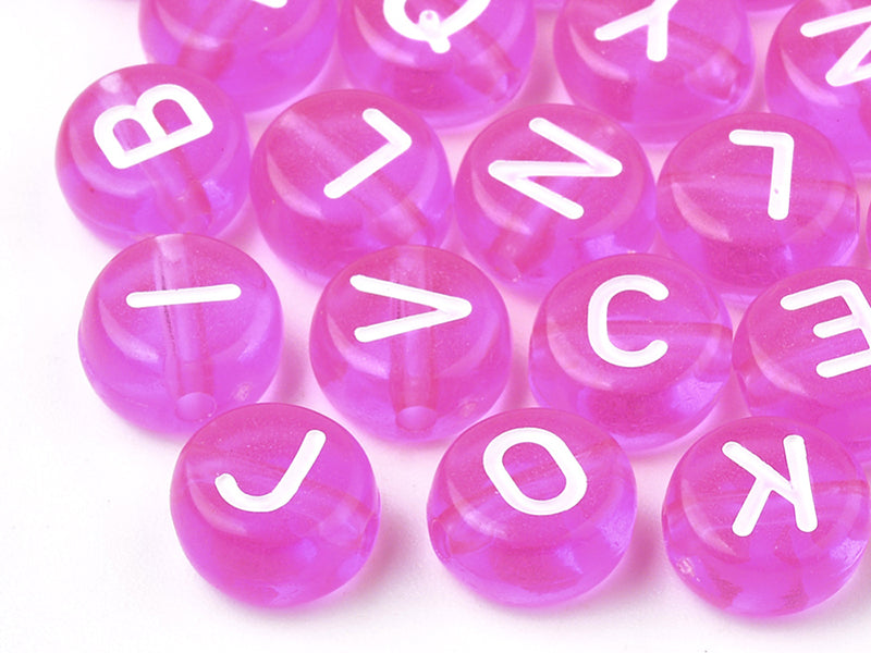 Achat 200 perles rondes en plastique transparent - lettres alphabet - rose fuschia - 7 mm
