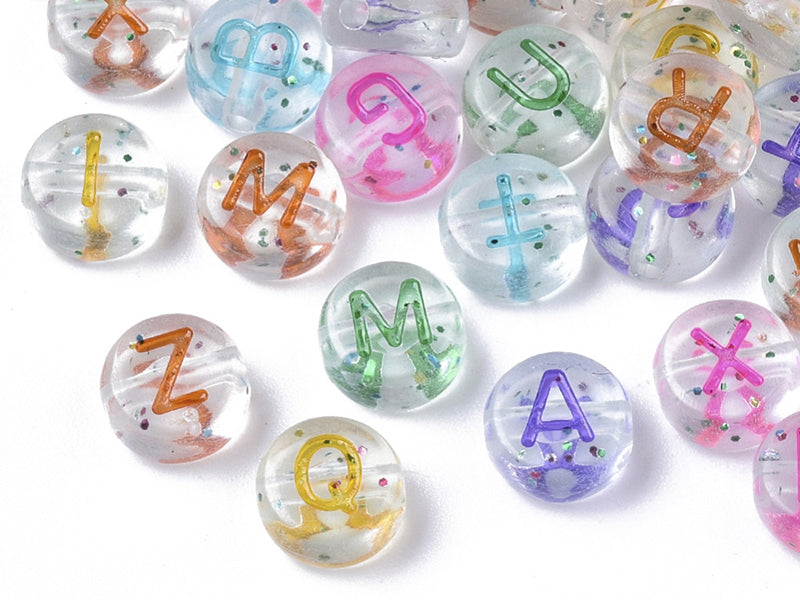 Achat 200 perles rondes en plastique transparent à paillettes - lettres alphabet - multicolore