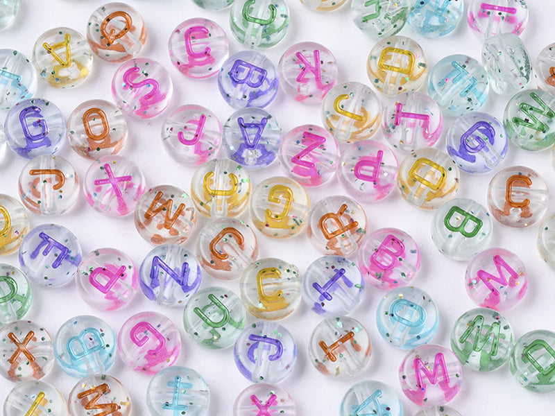achat 200 perles rondes en plastique transparent à paillettes - lettres alphabet - multicolore