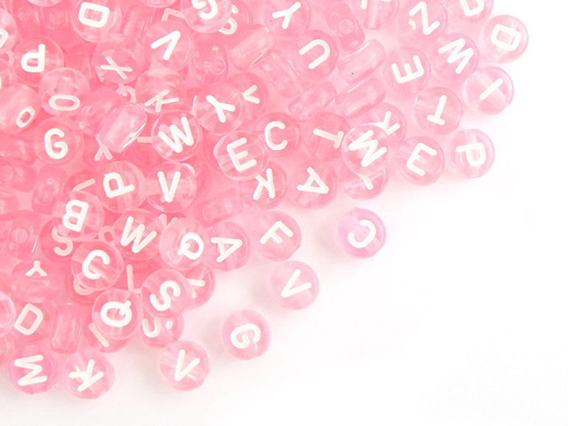 achat 200 perles rondes en plastique transparent - lettres alphabet - rose pâle - 7 mm
