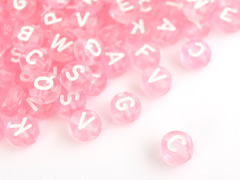 Achat 200 perles rondes en plastique transparent - lettres alphabet - rose pâle - 7 mm