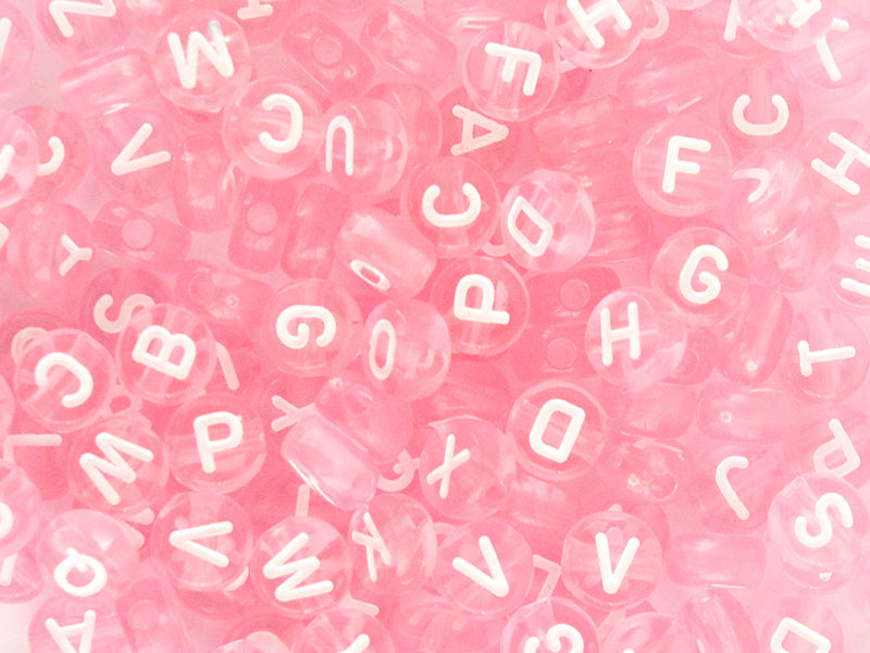 achat 200 perles rondes en plastique transparent - lettres alphabet - rose pâle - 7 mm