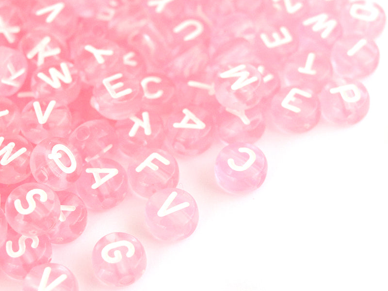 achat 200 perles rondes en plastique transparent - lettres alphabet - rose pâle - 7 mm