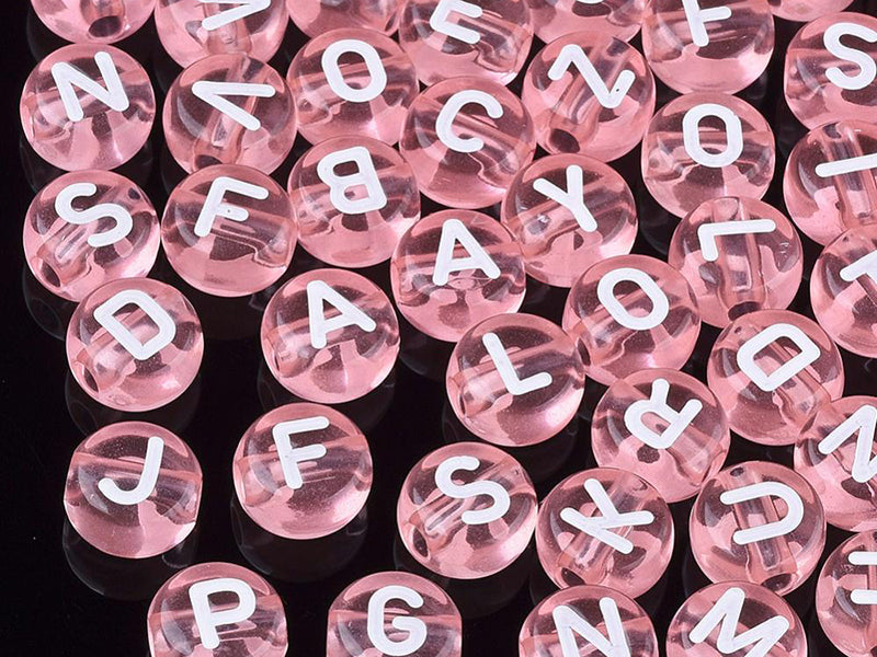 achat 200 perles rondes en plastique transparent - lettres alphabet - rose pâle - 7 mm