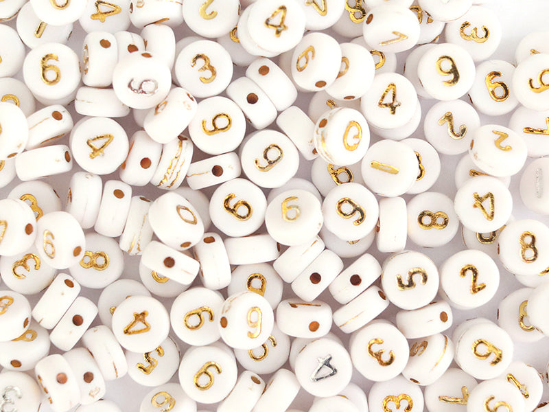 achat 200 perles rondes en plastique - chiffres - blanches et dorées
