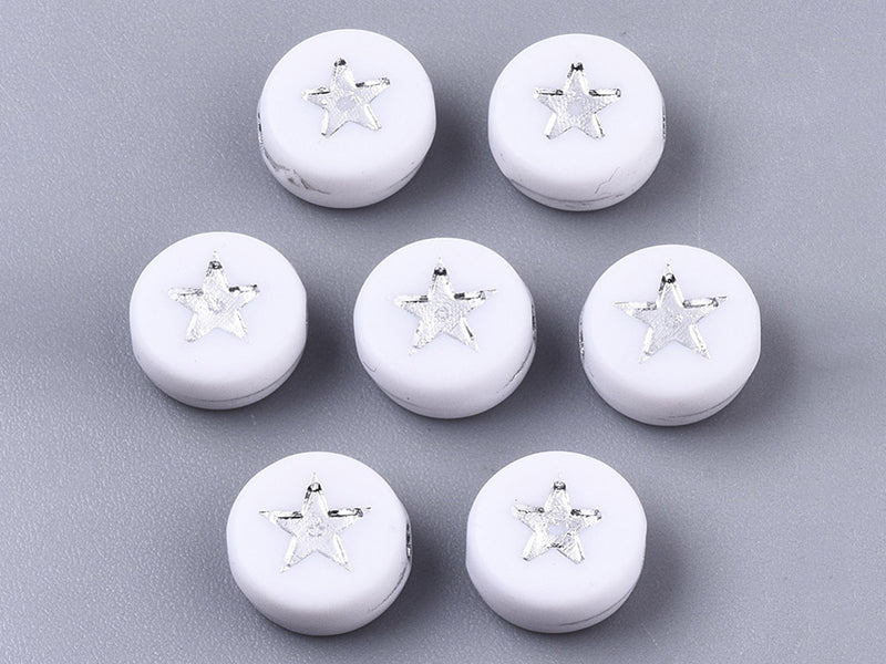 achat 20 perles rondes en plastique -  étoiles - argenté et blanc