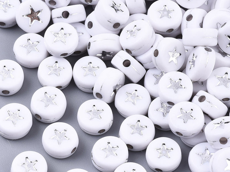achat 20 perles rondes en plastique -  étoiles - argenté et blanc
