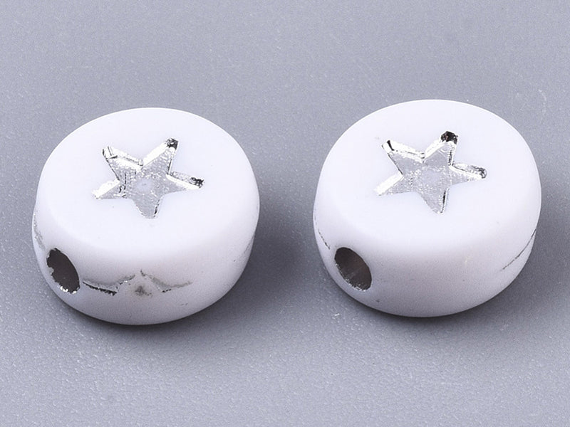 achat 20 perles rondes en plastique -  étoiles - argenté et blanc