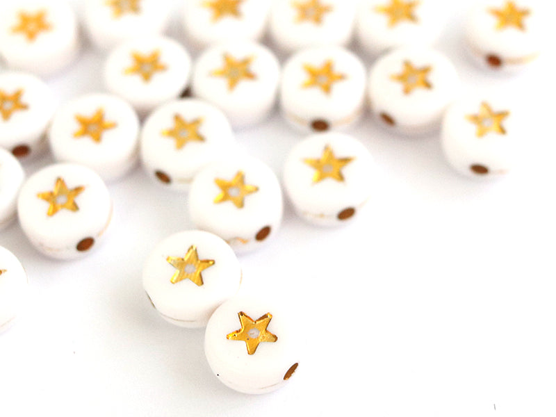 Achat 20 perles rondes en plastique -  étoiles - doré et blanc