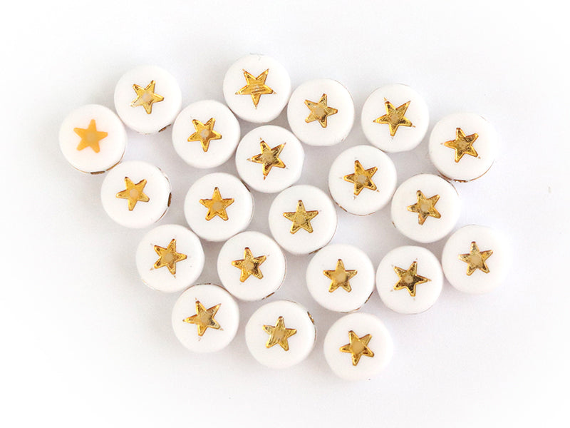 Achat 20 perles rondes en plastique -  étoiles - doré et blanc