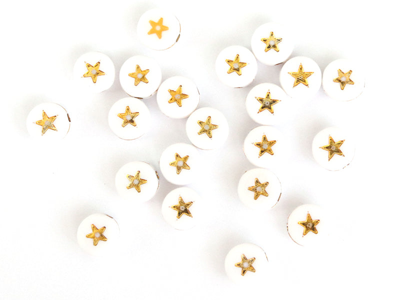achat 20 perles rondes en plastique -  étoiles - doré et blanc