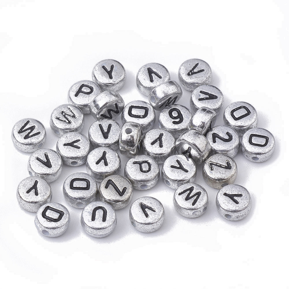 achat 200 perles rondes en plastique - lettres alphabet - argenté et noir