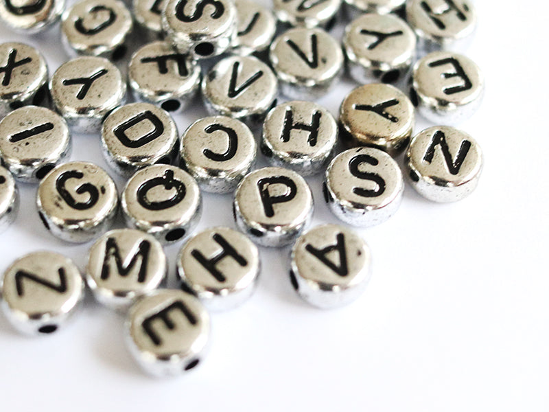 Achat 200 perles rondes en plastique - lettres alphabet - argenté et noir
