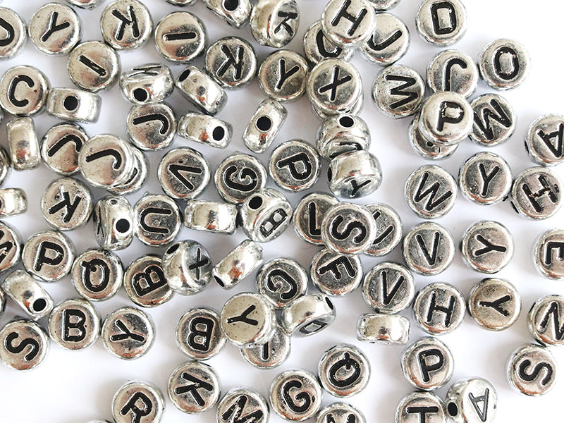 achat 200 perles rondes en plastique - lettres alphabet - argenté et noir