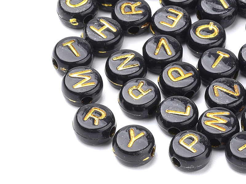 Achat 200 perles lettres alphabet rondes en plastique - noir et doré