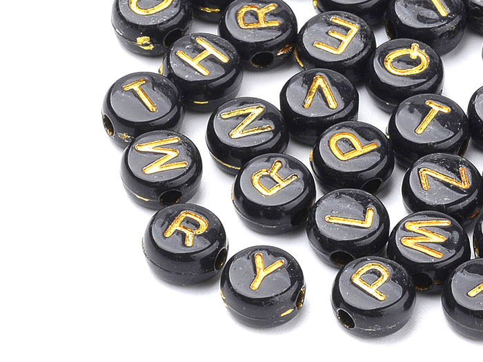 Achat 200 perles lettres alphabet rondes en plastique - noir et doré
