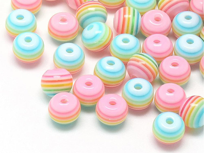Achat 50 perles en résine à rayures pastelles  - 8 mm