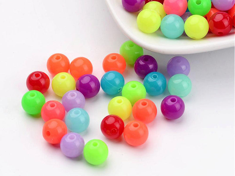 achat 100 perles en plastiques rondes - multicolore fluo - 8 mm