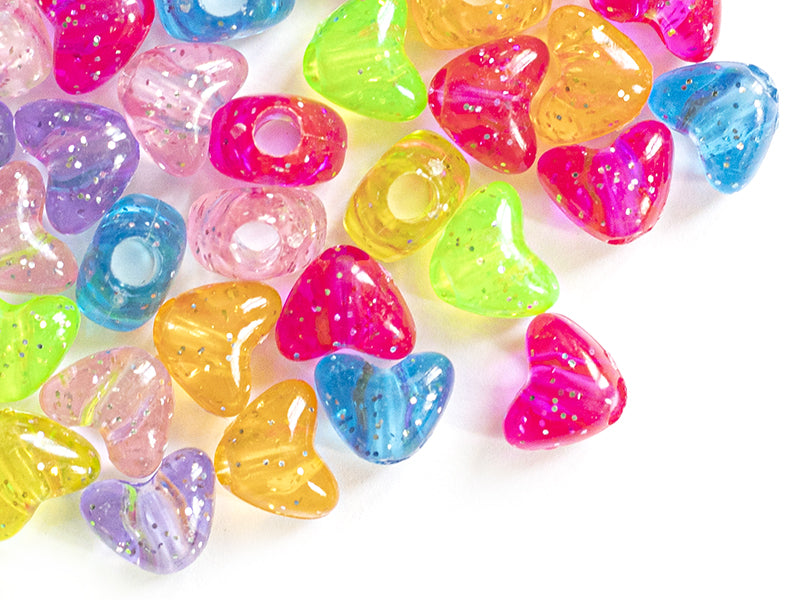 Achat 50 perles en plastique- cœurs pailletés - multicolore
