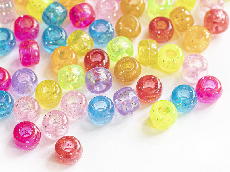 Achat 100 perles en plastiques basiques pour enfants - multicolore à paillettes - 9x6 mm